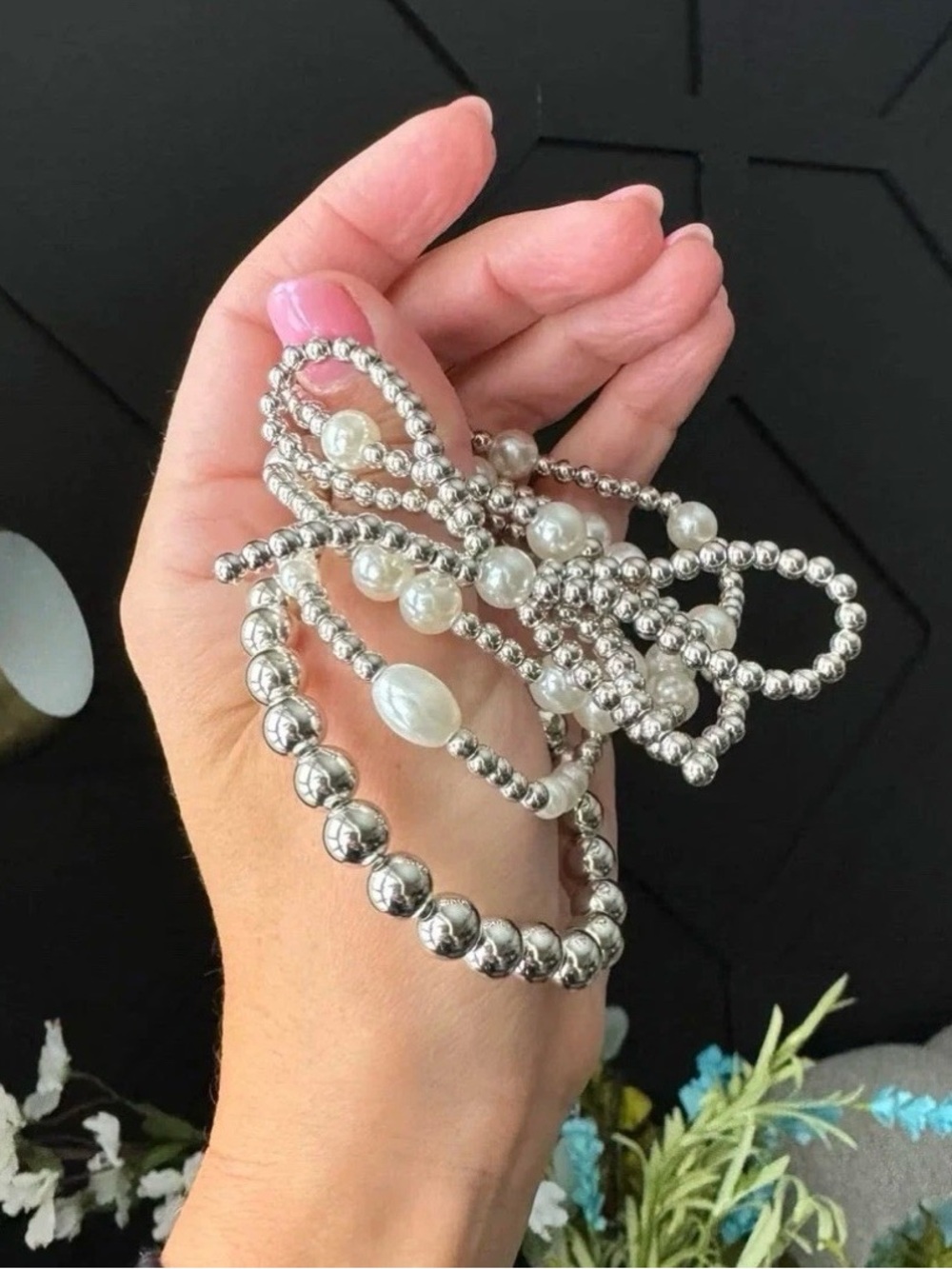 Silver Beaded Stackable Bracelet Set Faux Pearl Bow Charm NWOT